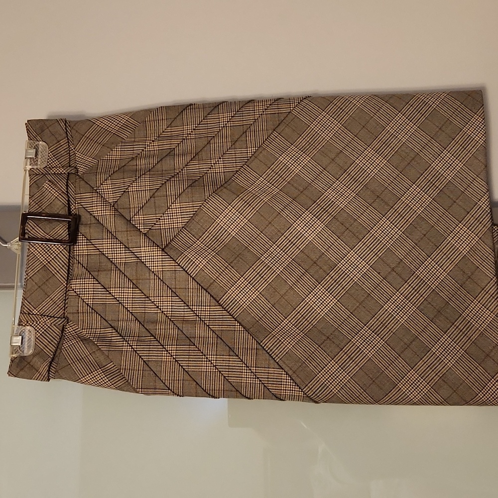 Simon Chang Fully Lined Brown Plaid Pencil Skirt